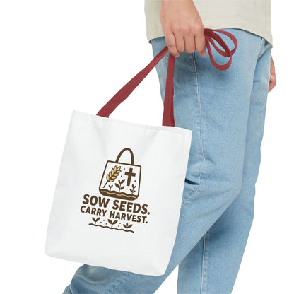 Inspirational Tote Bag - "Sow Seeds. Carry Harvest." - Eco-Friendly, Beach Bag, Gift for Gardeners, Reusable Shopping, Faith Journey