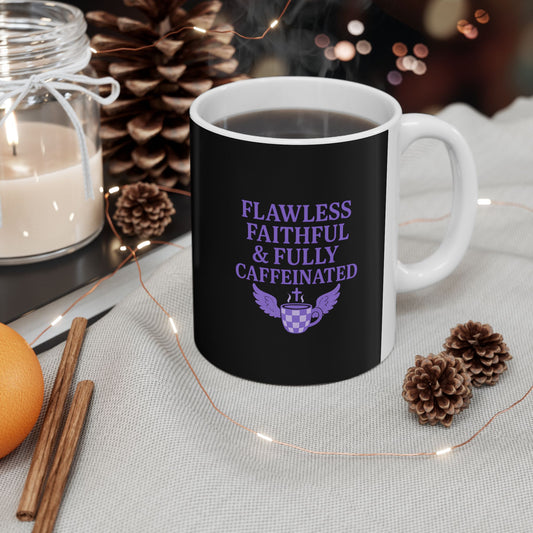Flawless Faithful &amp; Fully Caffeinated Mystical Black Ceramic Mug, Perfect for Coffee Lovers, Halloween, Witchcraft Gifts, Gift for Her, Customizable Drinkware