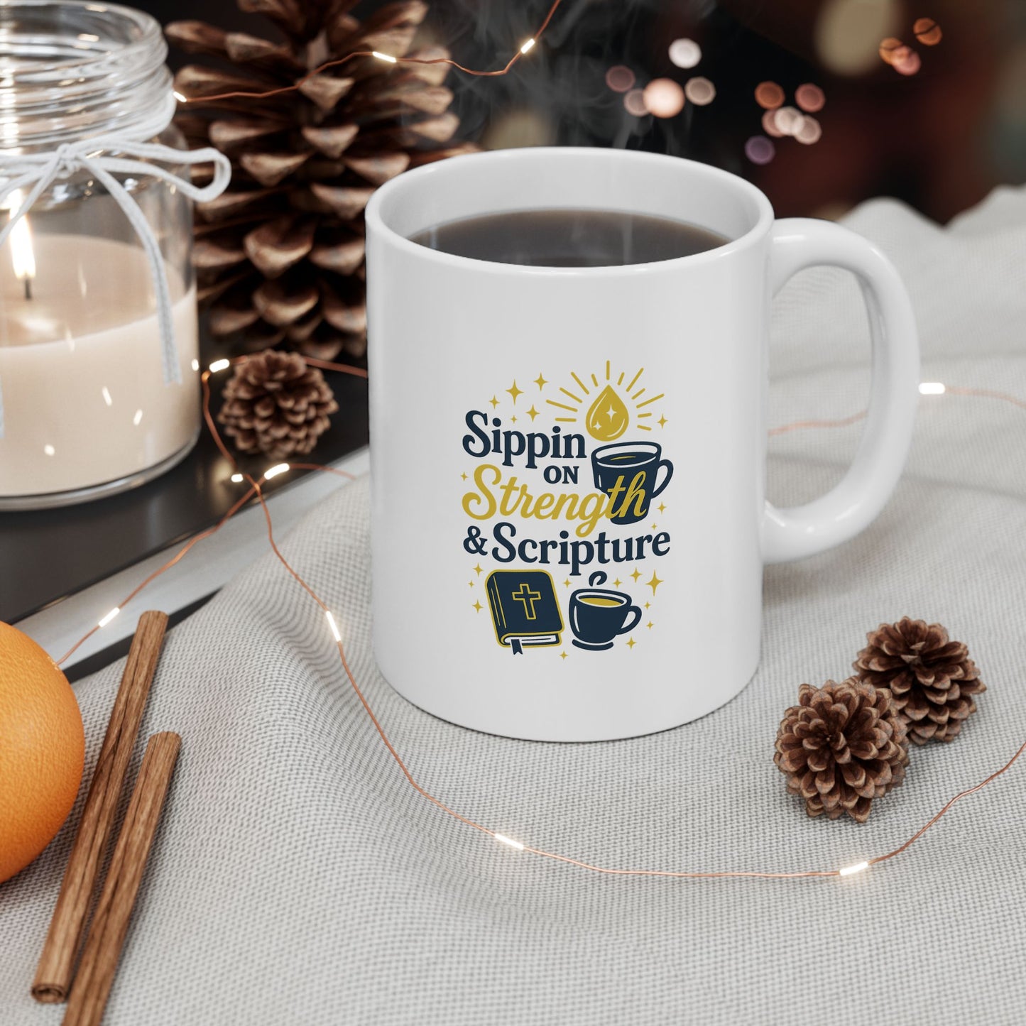 Sippin on Strength &amp; Scripture Coffee Mug - Coffee Lovers Gift, Beverages, Morning Routine, Tea, Birthday, Home Decor