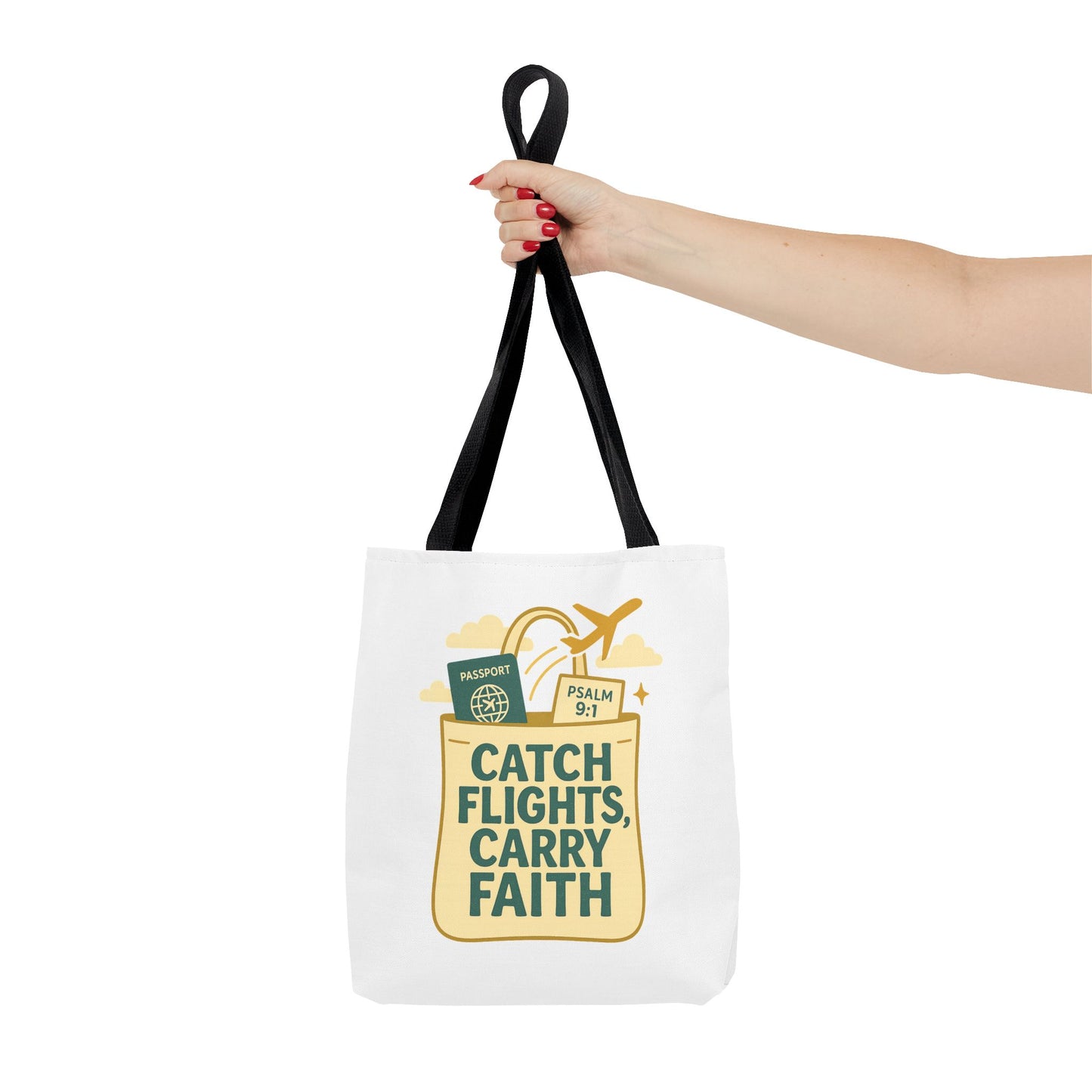Catch Flights Carry Faith Tote Bag - Travel, Christian Gift, Airport Essentials, Carryall, Eco-Friendly Shopper