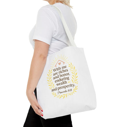 Inspirational Tote Bag - Proverbs 8:18 Quote, Bible Verse Carrier, Eco-Friendly Shopping Bag, Faith-Based Gift, Motivational Decor
