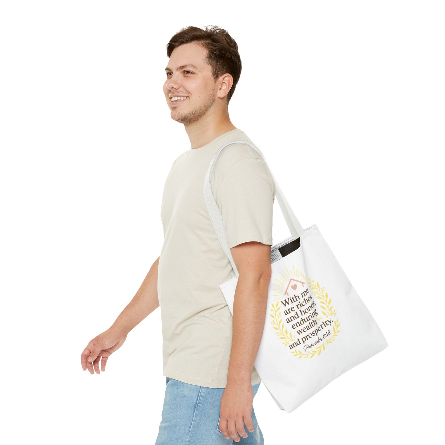 Inspirational Tote Bag - Proverbs 8:18 Quote, Bible Verse Carrier, Eco-Friendly Shopping Bag, Faith-Based Gift, Motivational Decor