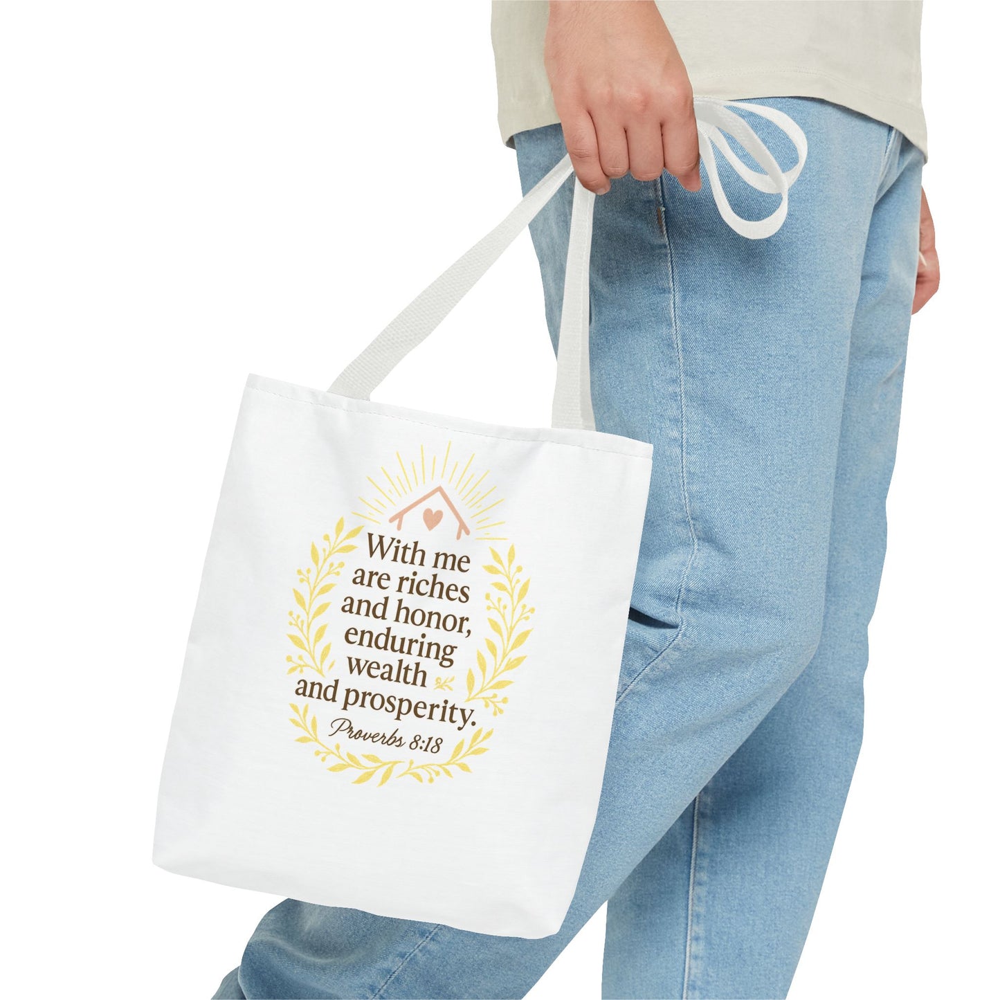 Inspirational Tote Bag - Proverbs 8:18 Quote, Bible Verse Carrier, Eco-Friendly Shopping Bag, Faith-Based Gift, Motivational Decor