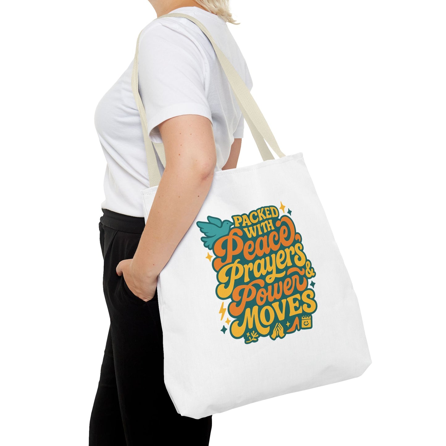 Peace Prayers Power Moves Tote Bag - Eco-Friendly Reusable Shopping Bag, Gift for Spiritual Friends, Motivational Gift, Stylish [...]