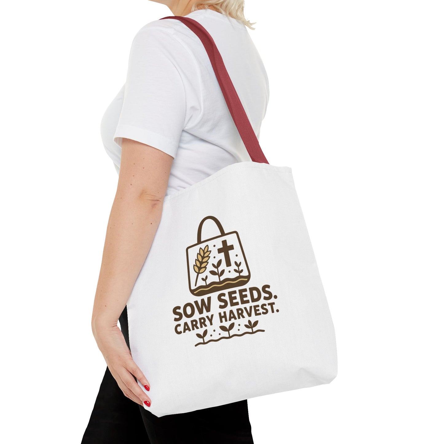 Inspirational Tote Bag - "Sow Seeds. Carry Harvest." - Eco-Friendly, Beach Bag, Gift for Gardeners, Reusable Shopping, Faith Journey