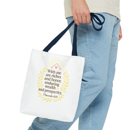 Inspirational Tote Bag - Proverbs 8:18 Quote, Bible Verse Carrier, Eco-Friendly Shopping Bag, Faith-Based Gift, Motivational Decor