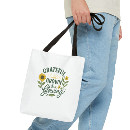 Grateful & Growing Tote Bag, Inspirational Gift, Eco-Friendly Shopper, Floral Design, Sunflower Tote, Everyday Use, Life's Little Joys