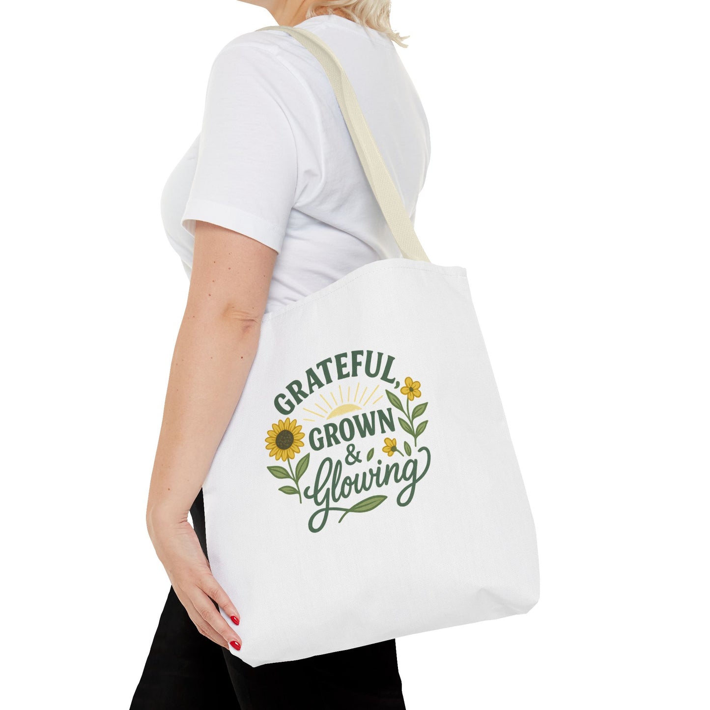 Grateful & Growing Tote Bag, Inspirational Gift, Eco-Friendly Shopper, Floral Design, Sunflower Tote, Everyday Use, Life's Little Joys