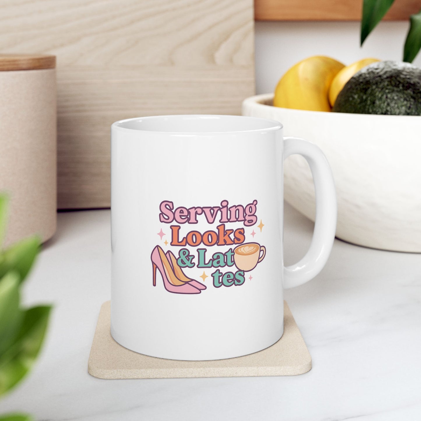 Serving Looks &amp; Lattes - Cute Illustrated Ceramic Mug, Perfect Gift for Coffee Lovers, Funny Tea Mug, Daily Motivation Cup, Unique Kitchen Decor