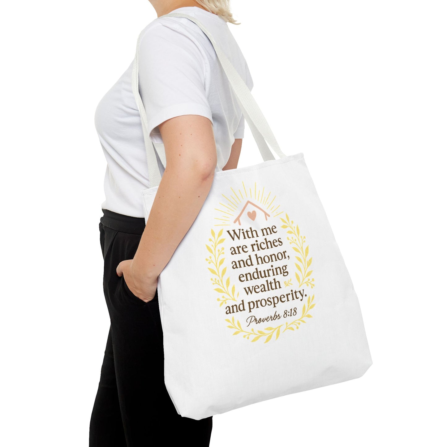 Inspirational Tote Bag - Proverbs 8:18 Quote, Bible Verse Carrier, Eco-Friendly Shopping Bag, Faith-Based Gift, Motivational Decor