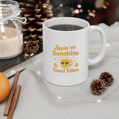 Sippin' on Sunshine Inspirational Ceramic Mug – Motivational Drinkware for Coffee Lovers, Gift for Friends, Office Decor, Self-Care, Birthday
