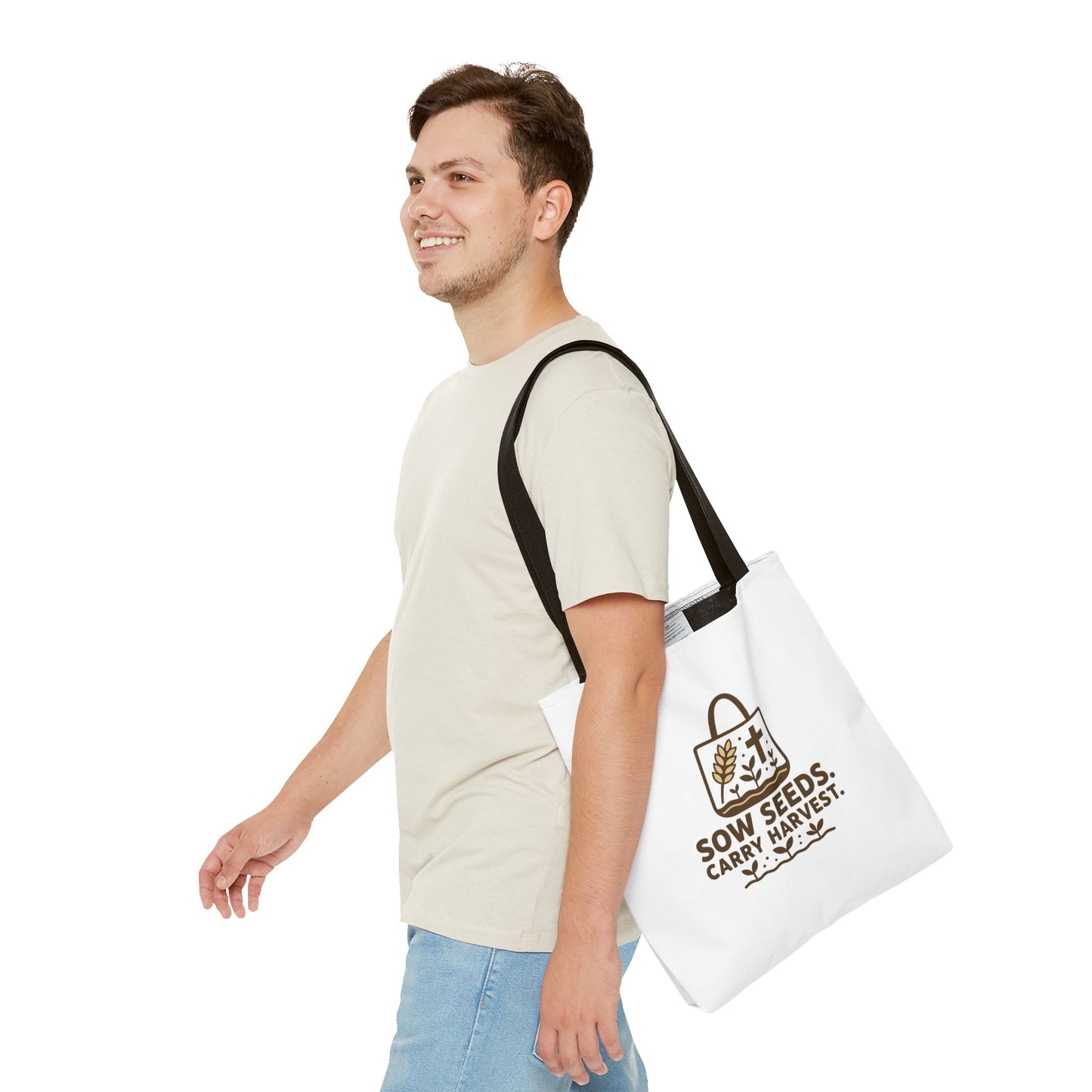 Inspirational Tote Bag - "Sow Seeds. Carry Harvest." - Eco-Friendly, Beach Bag, Gift for Gardeners, Reusable Shopping, Faith Journey
