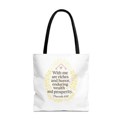 Inspirational Tote Bag - Proverbs 8:18 Quote, Bible Verse Carrier, Eco-Friendly Shopping Bag, Faith-Based Gift, Motivational Decor