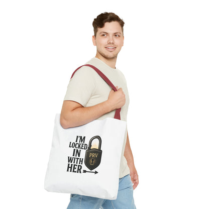 Locked In With Her Tote Bag, Funny Gift for Couples, Personalized Shopping Tote, Everyday Carryall, Unique Friendship Present