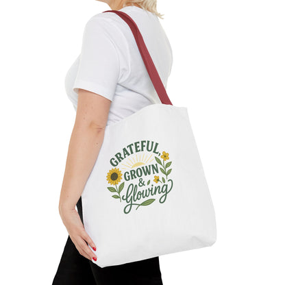 Grateful & Growing Tote Bag, Inspirational Gift, Eco-Friendly Shopper, Floral Design, Sunflower Tote, Everyday Use, Life's Little Joys