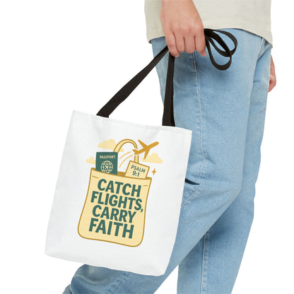 Catch Flights Carry Faith Tote Bag - Travel, Christian Gift, Airport Essentials, Carryall, Eco-Friendly Shopper