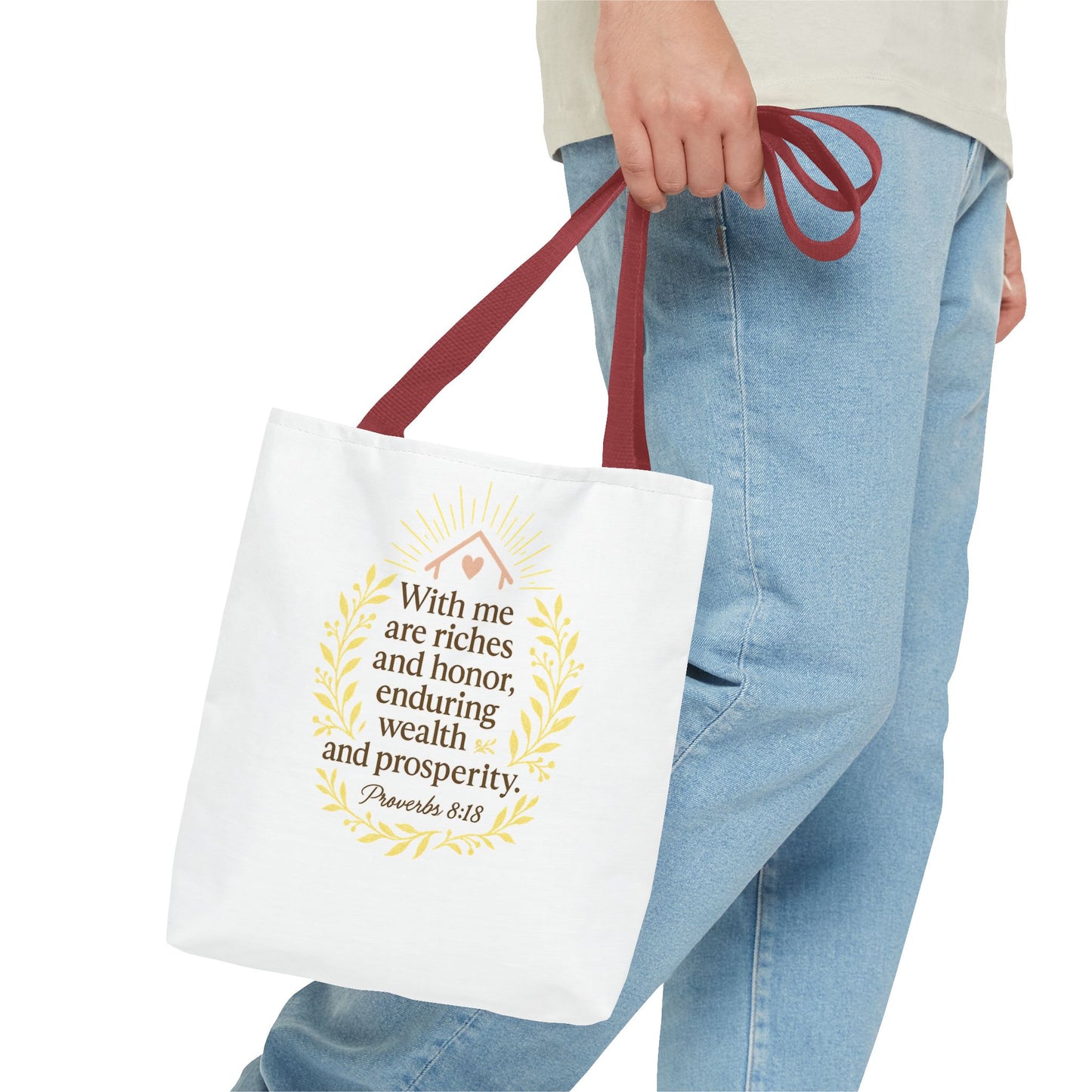 Inspirational Tote Bag - Proverbs 8:18 Quote, Bible Verse Carrier, Eco-Friendly Shopping Bag, Faith-Based Gift, Motivational Decor