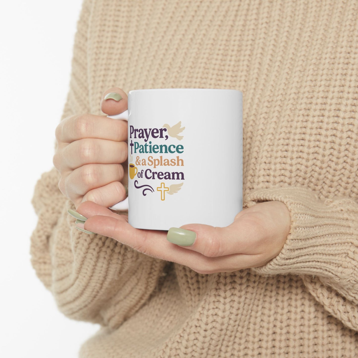 Prayer Patience &amp; Splash of Cream - Ceramic Mug - "Perfect Peace" Inspirational Coffee Mug for Relaxation, Gift for Self-Care, Cozy Home Decor, Sips of Joy, Mindfulness Mug