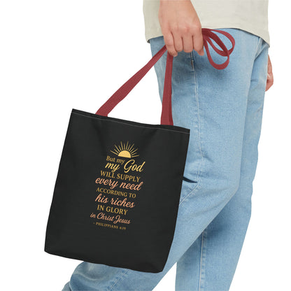 Faith-Inspired Tote Bag: 'God Will Supply Every Need', Christian Gift, AOP Bag for Church, Casual Outings, Inspirational Accessory