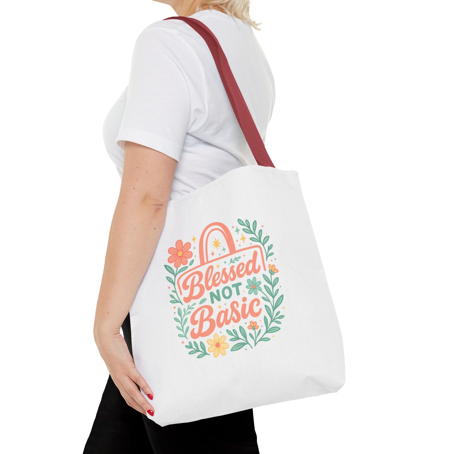 Blessed Not Basic Tote Bag, Inspirational Tote, Floral Design Bag, Gift for Her, Everyday Use, Eco-Friendly Shopping Bag