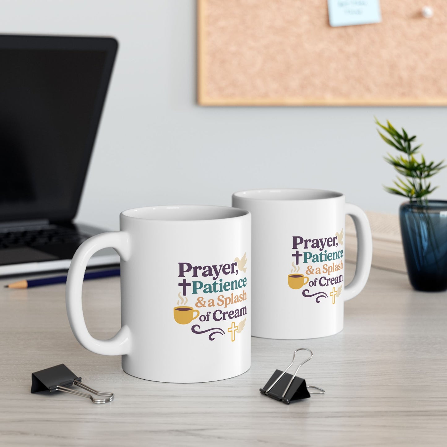 Prayer Patience &amp; Splash of Cream - Ceramic Mug - "Perfect Peace" Inspirational Coffee Mug for Relaxation, Gift for Self-Care, Cozy Home Decor, Sips of Joy, Mindfulness Mug
