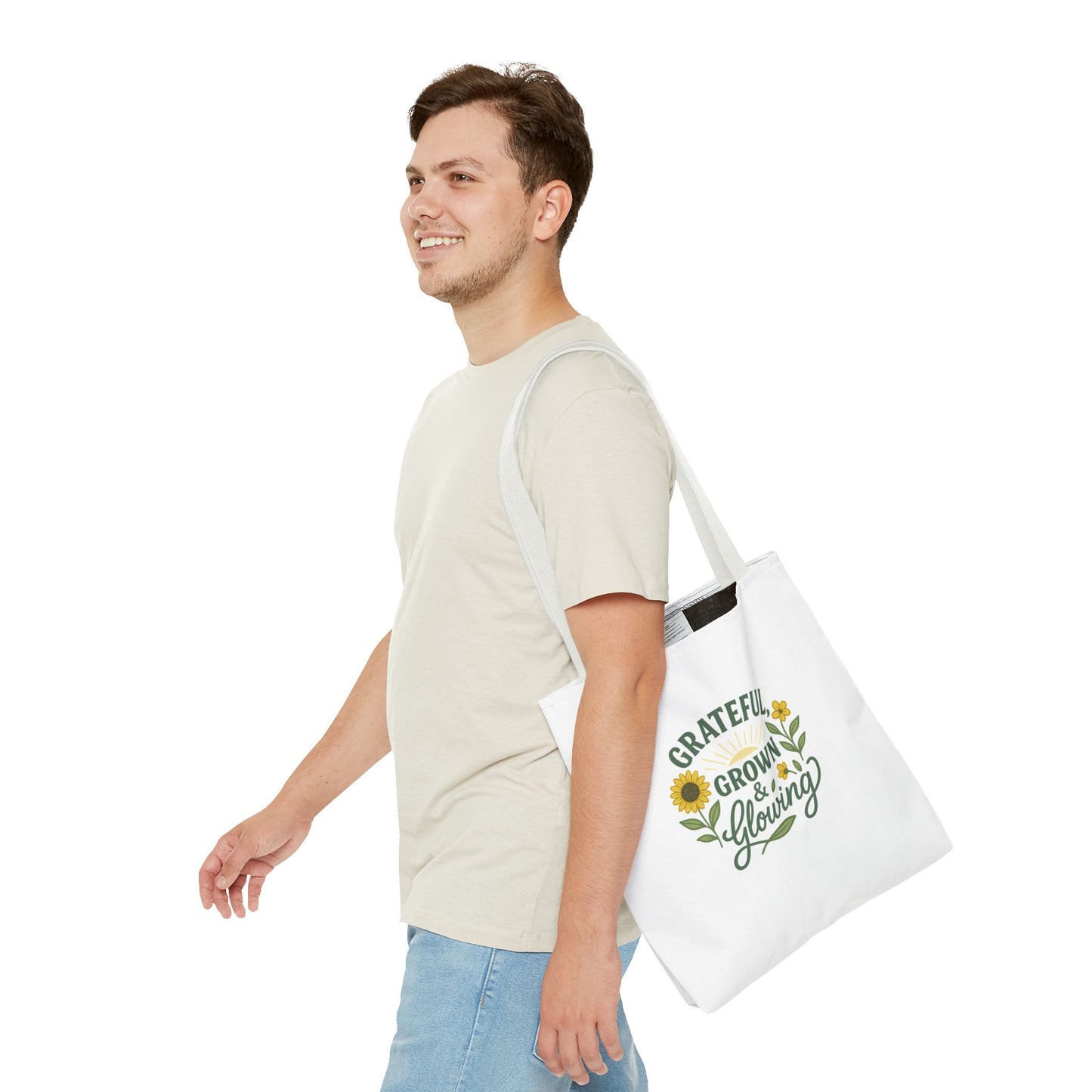 Grateful & Growing Tote Bag, Inspirational Gift, Eco-Friendly Shopper, Floral Design, Sunflower Tote, Everyday Use, Life's Little Joys