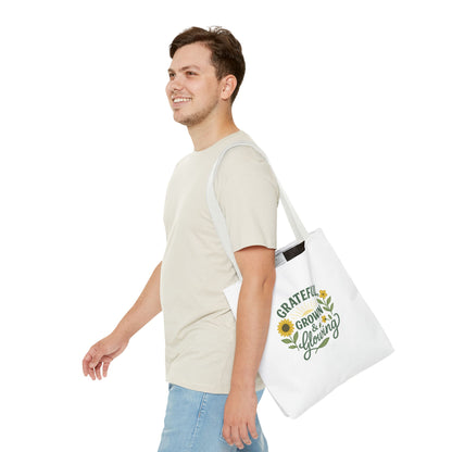 Grateful & Growing Tote Bag, Inspirational Gift, Eco-Friendly Shopper, Floral Design, Sunflower Tote, Everyday Use, Life's Little Joys