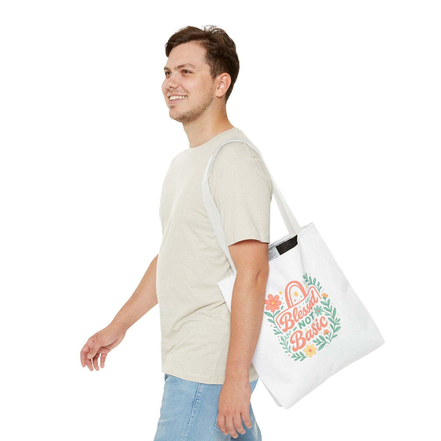 Blessed Not Basic Tote Bag, Inspirational Tote, Floral Design Bag, Gift for Her, Everyday Use, Eco-Friendly Shopping Bag