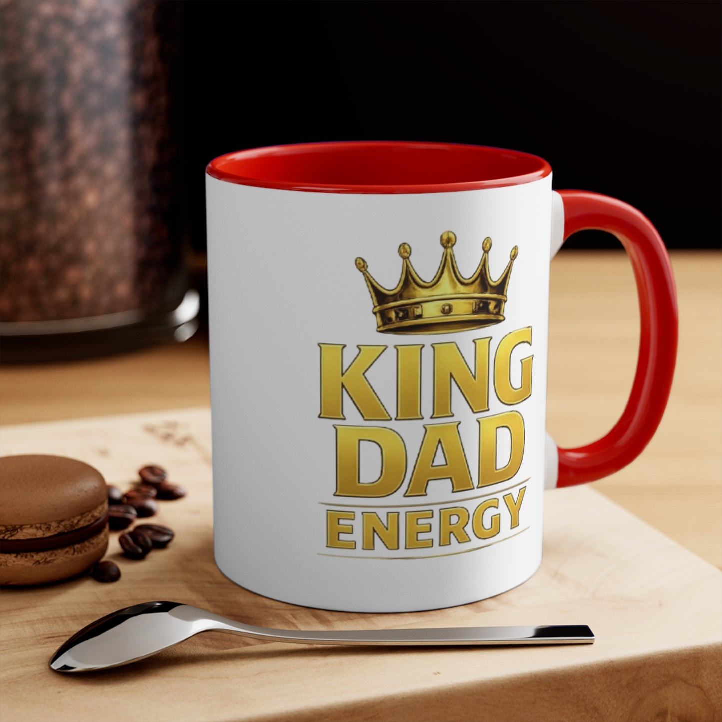 King Dad Energy Accent Mug — Gold Crown Father's Day Coffee Cup (Pink Accent)