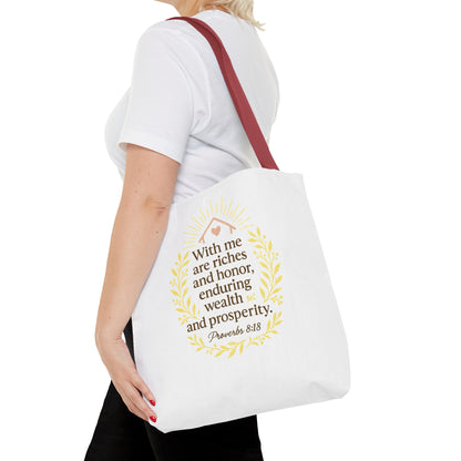 Inspirational Tote Bag - Proverbs 8:18 Quote, Bible Verse Carrier, Eco-Friendly Shopping Bag, Faith-Based Gift, Motivational Decor