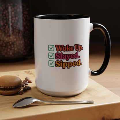 Colorful Motivational Coffee Mug, Woke Up Slayed Sipped, Inspirational Gift, Morning Motivation Cup, Funny Coffee Lover Mug