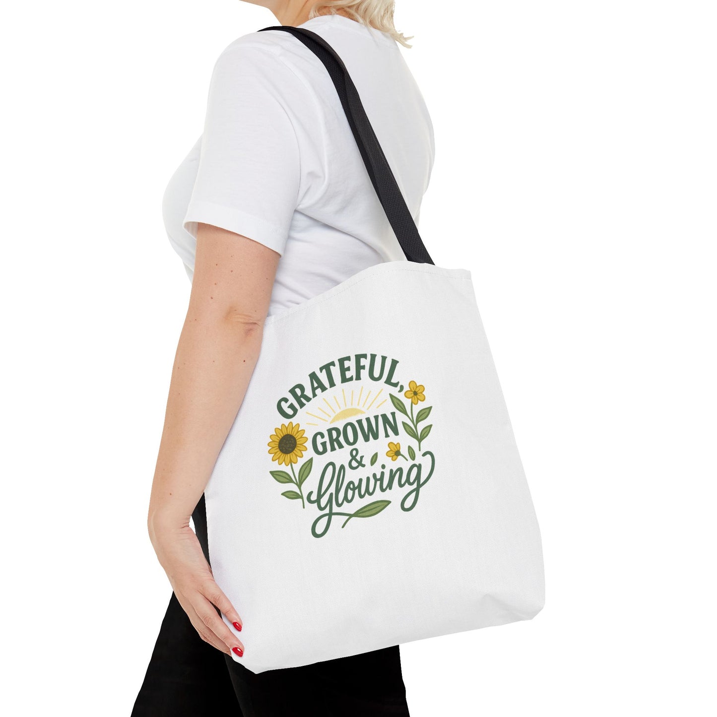 Grateful & Growing Tote Bag, Inspirational Gift, Eco-Friendly Shopper, Floral Design, Sunflower Tote, Everyday Use, Life's Little Joys