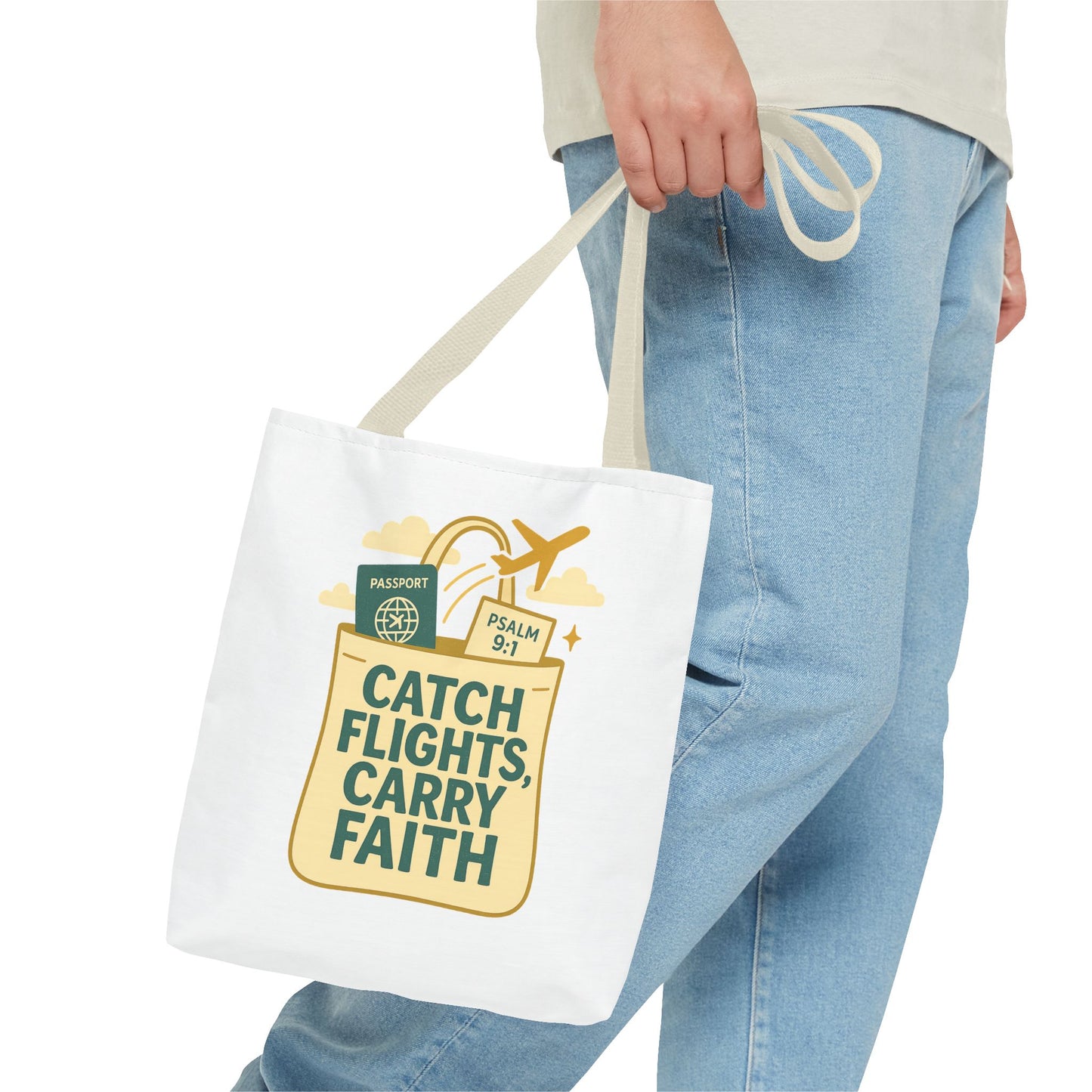Catch Flights Carry Faith Tote Bag - Travel, Christian Gift, Airport Essentials, Carryall, Eco-Friendly Shopper