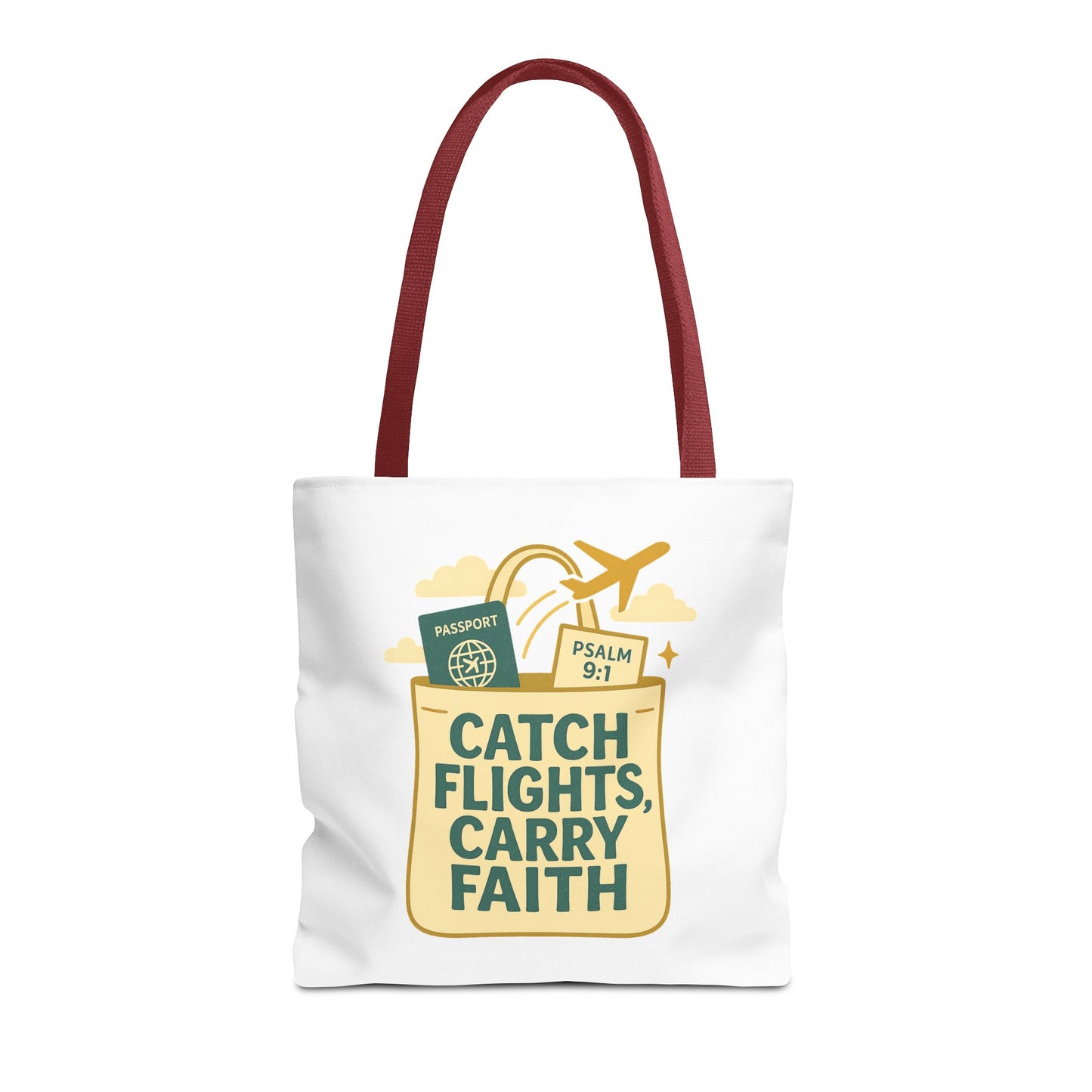 Catch Flights Carry Faith Tote Bag - Travel, Christian Gift, Airport Essentials, Carryall, Eco-Friendly Shopper