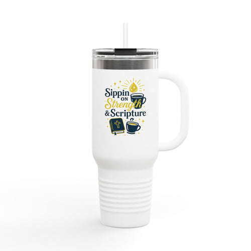 Sipping on Strength & Scripture - Inspirational Insulated Travel Mug, 40oz - Everyday Motivation, Bible Verses, Faith & Strength, Gift for Friends & Family, Coffee Lover