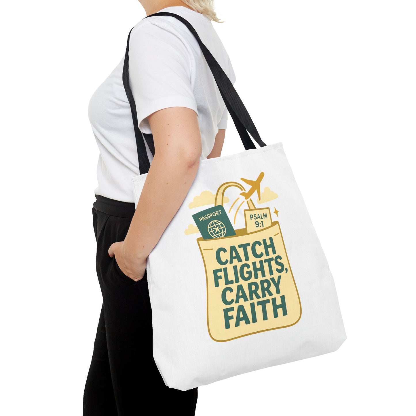 Catch Flights Carry Faith Tote Bag - Travel, Christian Gift, Airport Essentials, Carryall, Eco-Friendly Shopper