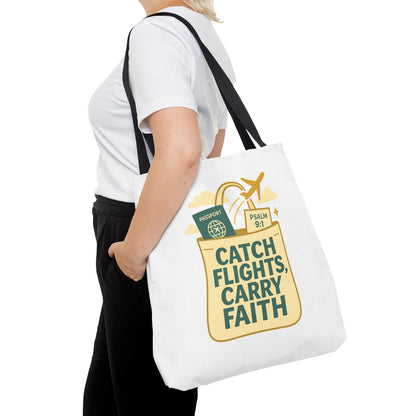 Catch Flights Carry Faith Tote Bag - Travel, Christian Gift, Airport Essentials, Carryall, Eco-Friendly Shopper