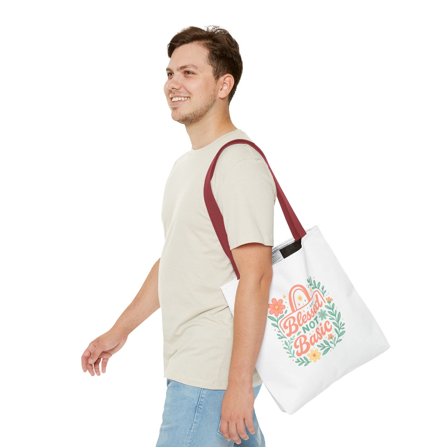 Blessed Not Basic Tote Bag, Inspirational Tote, Floral Design Bag, Gift for Her, Everyday Use, Eco-Friendly Shopping Bag