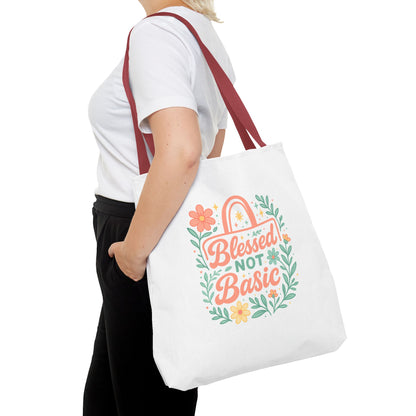 Blessed Not Basic Tote Bag, Inspirational Tote, Floral Design Bag, Gift for Her, Everyday Use, Eco-Friendly Shopping Bag
