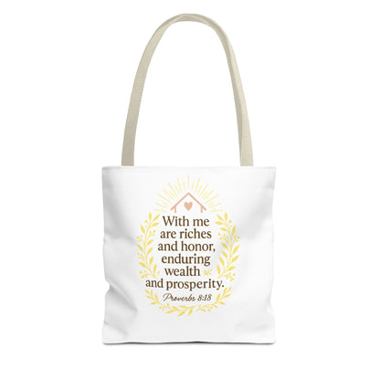 Inspirational Tote Bag - Proverbs 8:18 Quote, Bible Verse Carrier, Eco-Friendly Shopping Bag, Faith-Based Gift, Motivational Decor