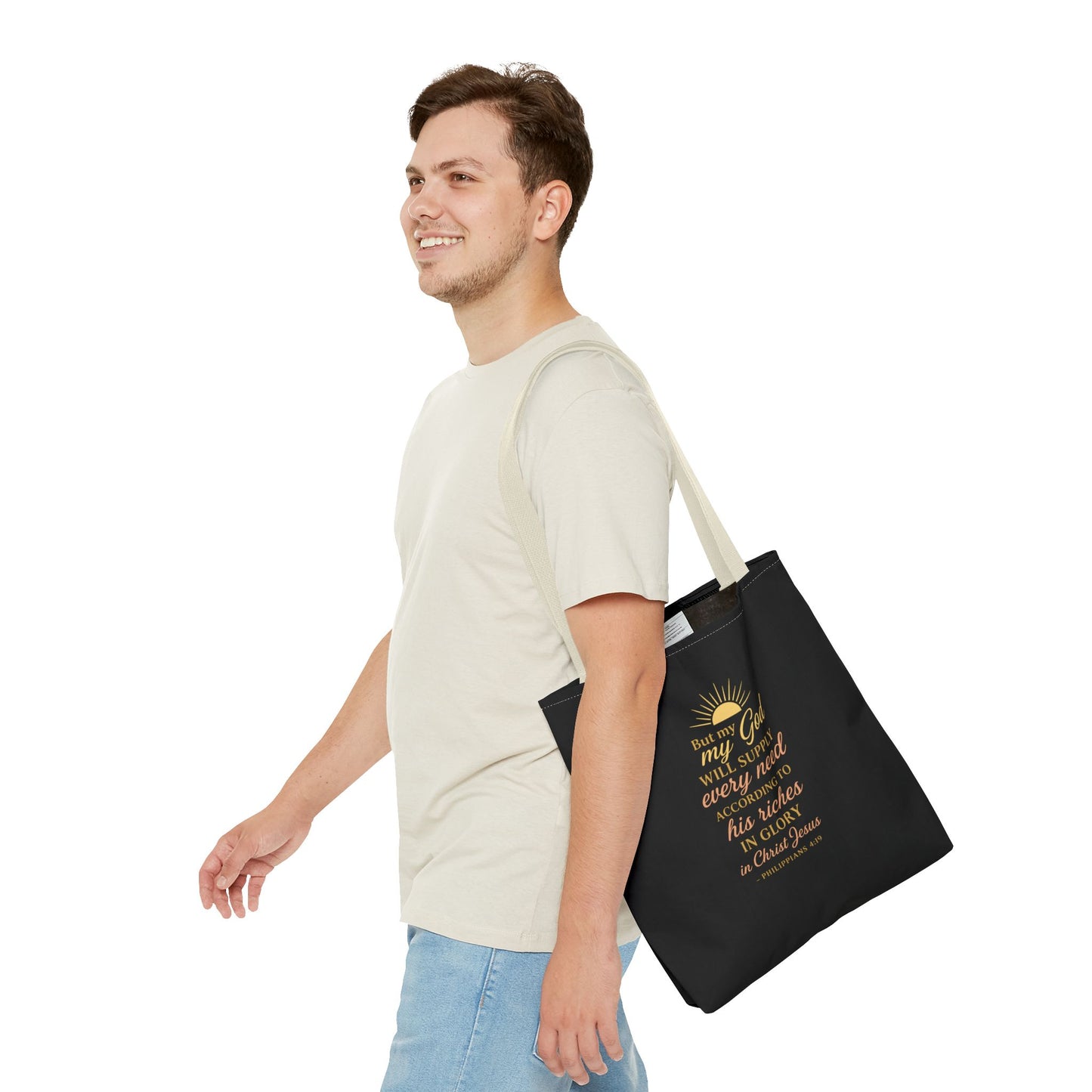 Faith-Inspired Tote Bag: 'God Will Supply Every Need', Christian Gift, AOP Bag for Church, Casual Outings, Inspirational Accessory