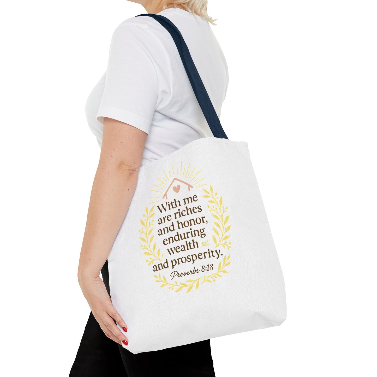 Inspirational Tote Bag - Proverbs 8:18 Quote, Bible Verse Carrier, Eco-Friendly Shopping Bag, Faith-Based Gift, Motivational Decor