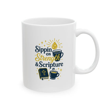 Sippin on Strength &amp; Scripture Coffee Mug - Coffee Lovers Gift, Beverages, Morning Routine, Tea, Birthday, Home Decor