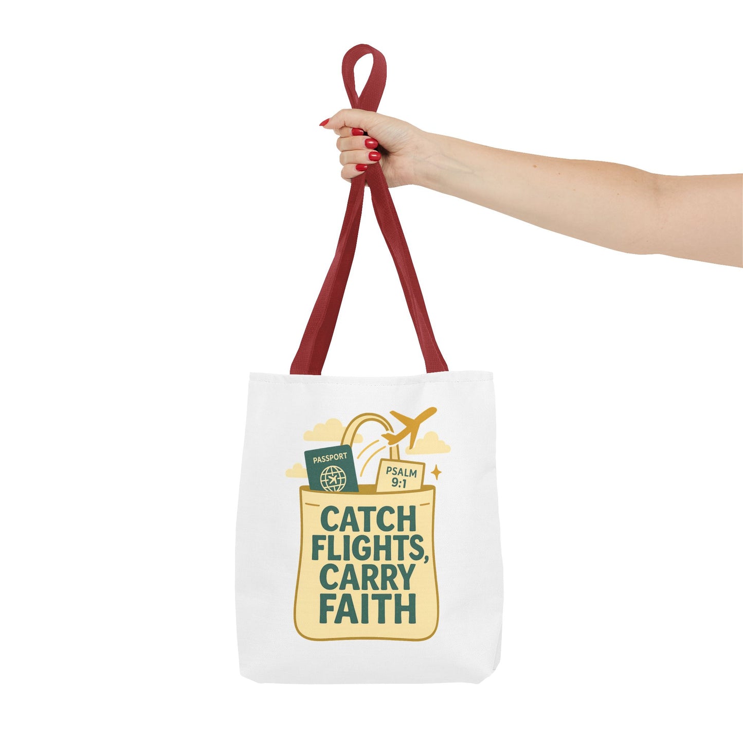 Catch Flights Carry Faith Tote Bag - Travel, Christian Gift, Airport Essentials, Carryall, Eco-Friendly Shopper