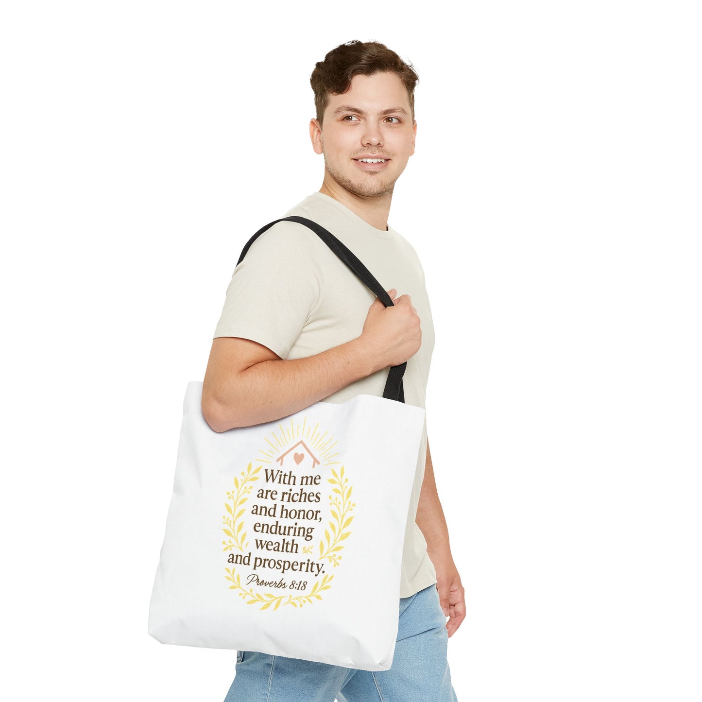 Inspirational Tote Bag - Proverbs 8:18 Quote, Bible Verse Carrier, Eco-Friendly Shopping Bag, Faith-Based Gift, Motivational Decor