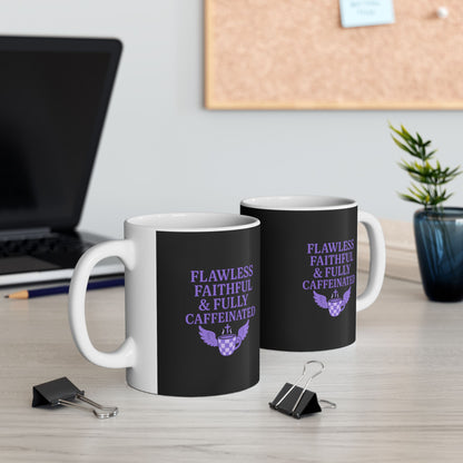 Flawless Faithful &amp; Fully Caffeinated Mystical Black Ceramic Mug, Perfect for Coffee Lovers, Halloween, Witchcraft Gifts, Gift for Her, Customizable Drinkware