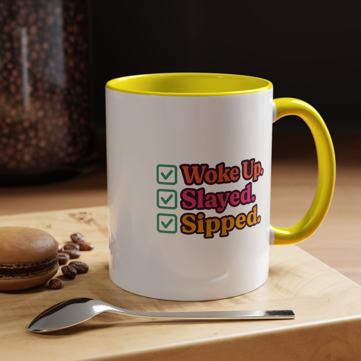 Colorful Motivational Coffee Mug, Woke Up Slayed Sipped, Inspirational Gift, Morning Motivation Cup, Funny Coffee Lover Mug
