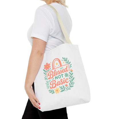 Blessed Not Basic Tote Bag, Inspirational Tote, Floral Design Bag, Gift for Her, Everyday Use, Eco-Friendly Shopping Bag