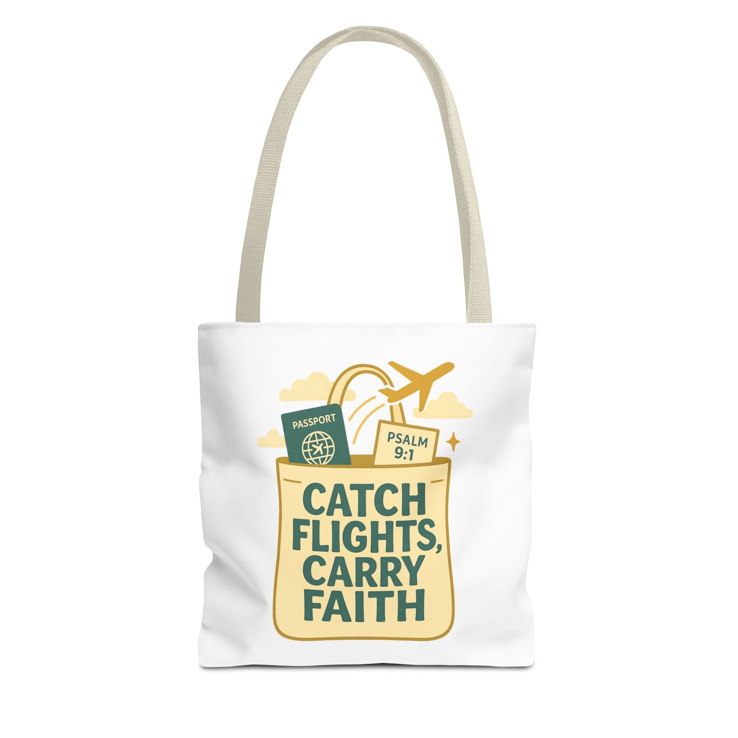 Catch Flights Carry Faith Tote Bag - Travel, Christian Gift, Airport Essentials, Carryall, Eco-Friendly Shopper