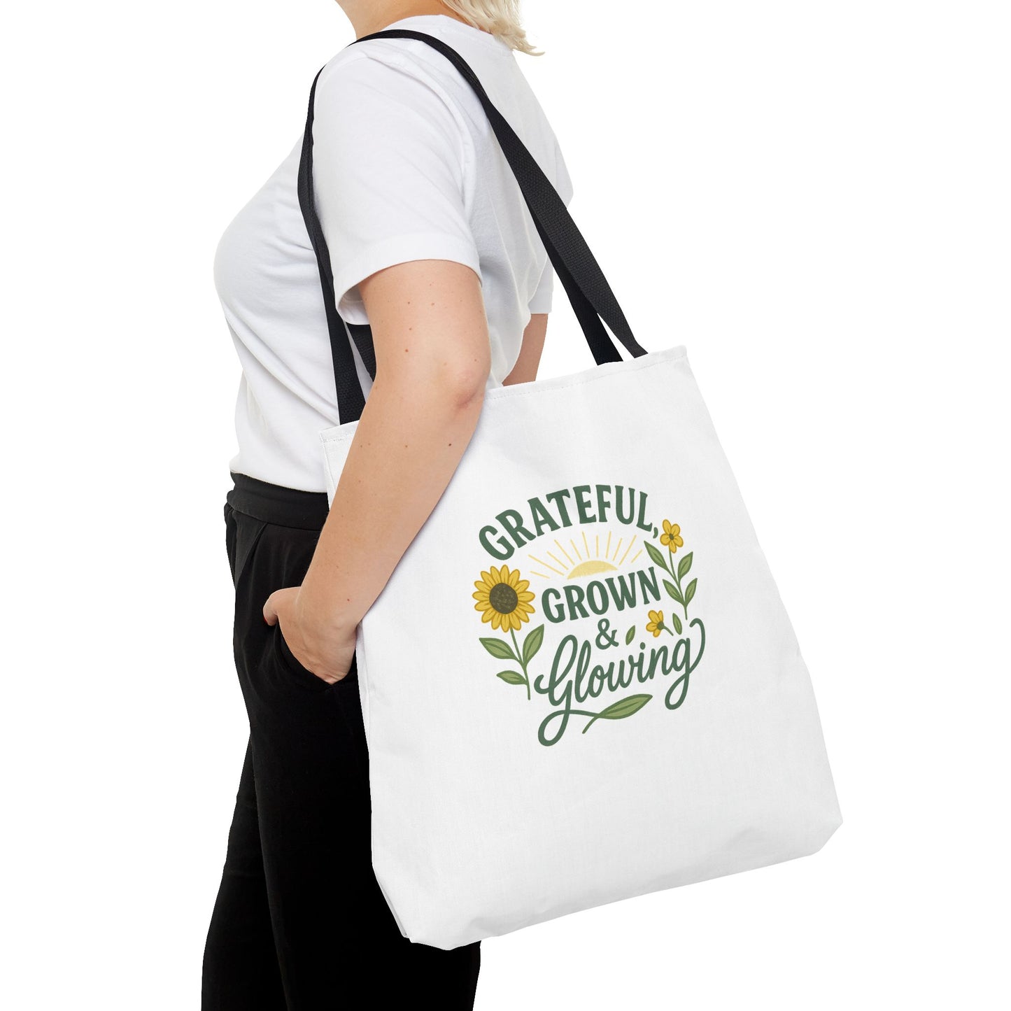 Grateful & Growing Tote Bag, Inspirational Gift, Eco-Friendly Shopper, Floral Design, Sunflower Tote, Everyday Use, Life's Little Joys